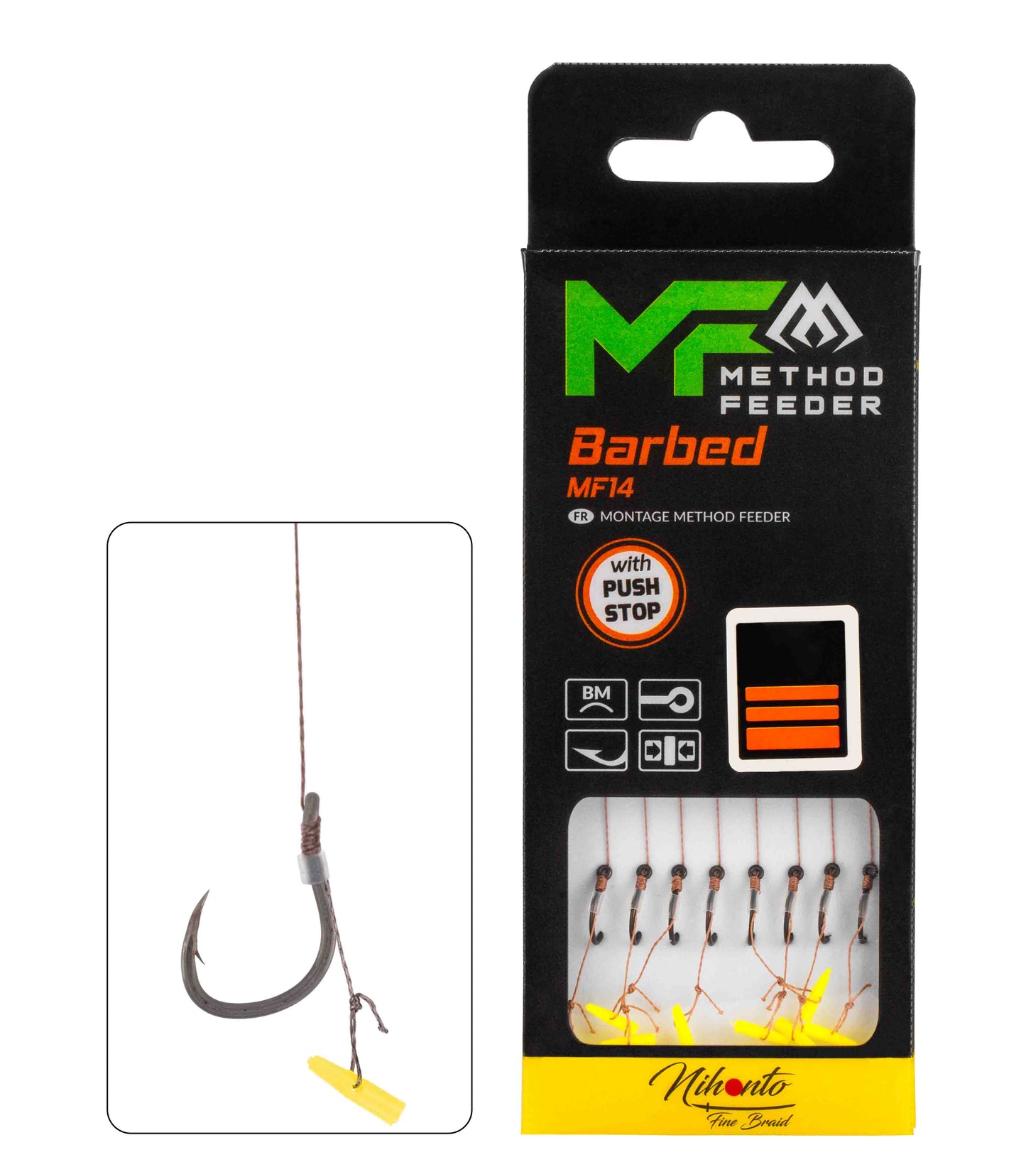 Mikado Leader Mf - MF14 Mit Push Stop - Haken Mit Widerhaken Grösse 6 / Geflochtene SCHNÜRE: 0.16mm/10cm - 8 Stk.