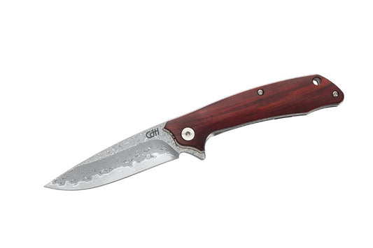 CJH Damast Einhandmesser mit Clip, Sandelholz