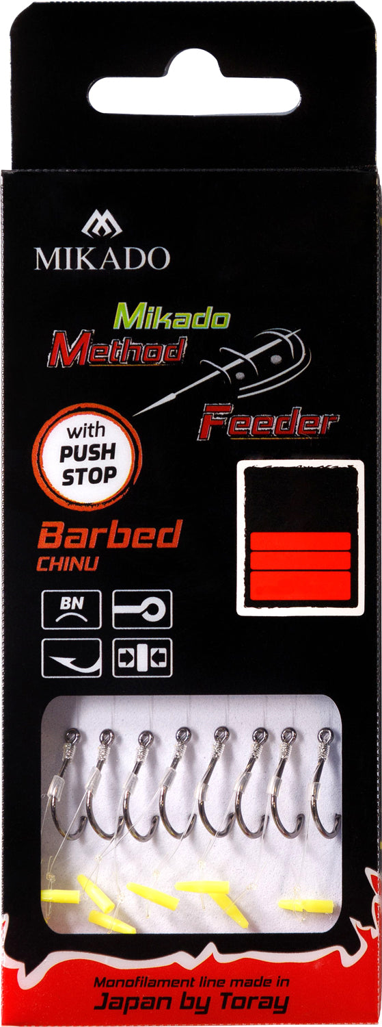Mikado Methode Feeder Rig - Mit Push Stop - Haken Mit Widerhaken Grösse 10 / Schnur: 0.23mm/10cm - 8 Stk.