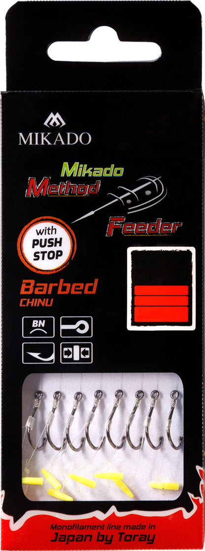 Mikado Methode Feeder Rig - Mit Push Stop - Haken Mit Widerhaken Grösse 10 / Schnur: 0.23mm/10cm - 8 Stk.