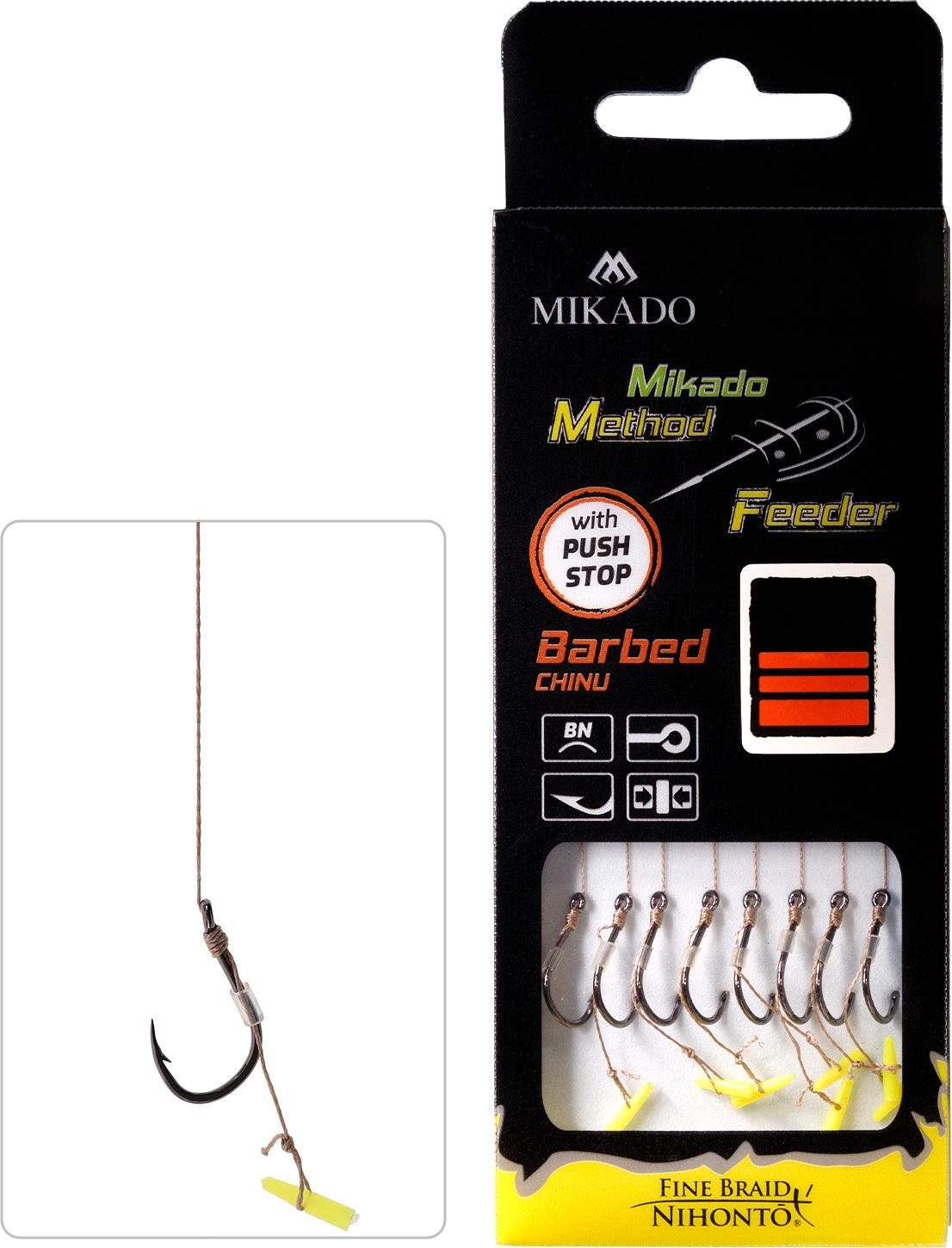 Mikado Methode Feeder Rig - Mit Push Stop - Haken Mit Widerhaken Grösse 10 / Geflochtene Schnüre: 0.12mm/10cm - 8 Stk.
