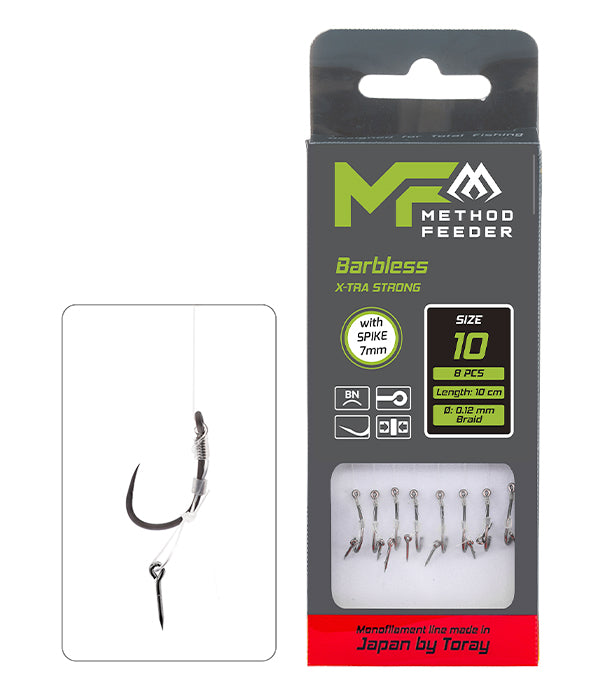Mikado Method-Feeder-Vorfach - X-Tra Strong Mit Köderspike - Haken Ohne Widerhaken NR. 12 / Monofil 0.20mm/10cm - 8 Stk.