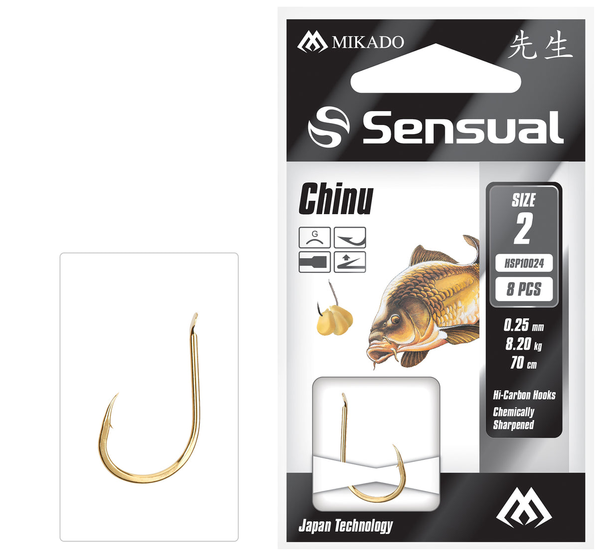 Mikado Gebundene Haken - Sensual - Chinu No 2 G / Schnur: 0.25mm/70cm - 8 Stk.